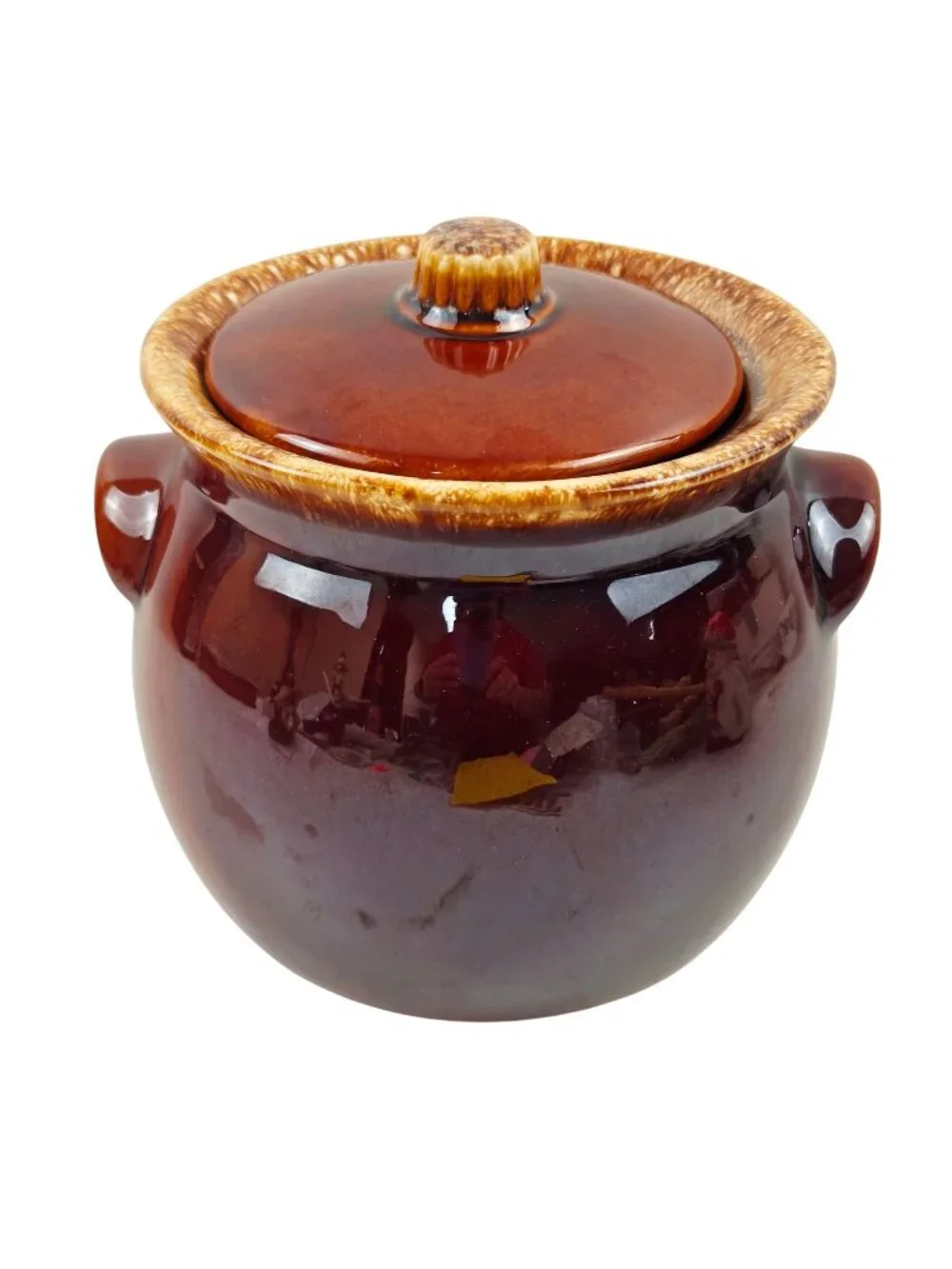 Hull Pottery Bean Pot Brown Drip Glaze Glossy Lid Cookie Jar Oven Proof USA